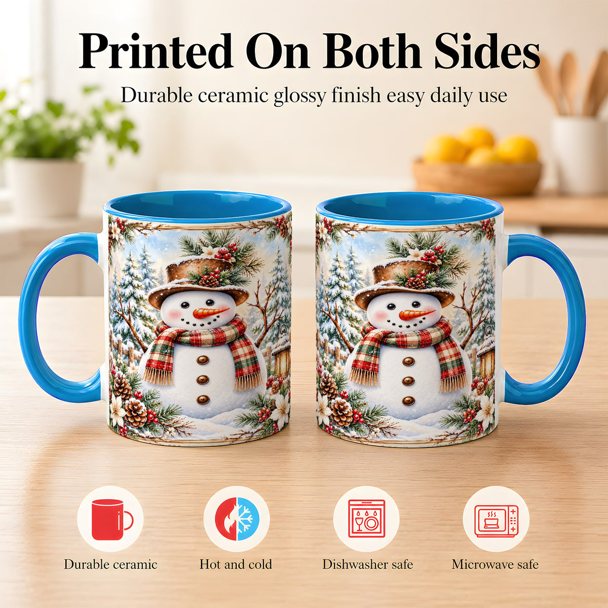 #pl[11oz|Blue] Rustic Snowman Coffee Mug, Winter Snowman Mug, Ceramic Cup