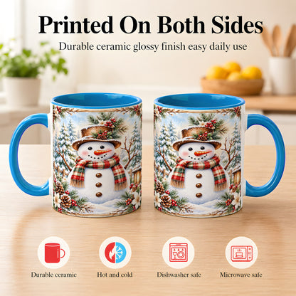 #pl[11oz|Blue] Rustic Snowman Coffee Mug, Winter Snowman Mug, Ceramic Cup