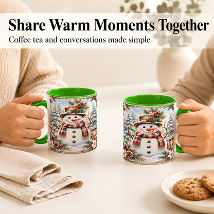 #pl[11oz|Green] Rustic Snowman Coffee Mug, Winter Snowman Mug, Ceramic Cup