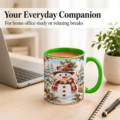 #pl[11oz|Green] Rustic Snowman Coffee Mug, Winter Snowman Mug, Ceramic Cup