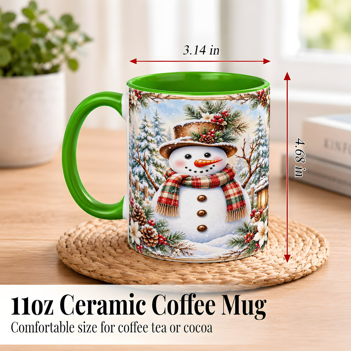 #pl[11oz|Green] Rustic Snowman Coffee Mug, Winter Snowman Mug, Ceramic Cup