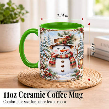 #pl[11oz|Green] Rustic Snowman Coffee Mug, Winter Snowman Mug, Ceramic Cup