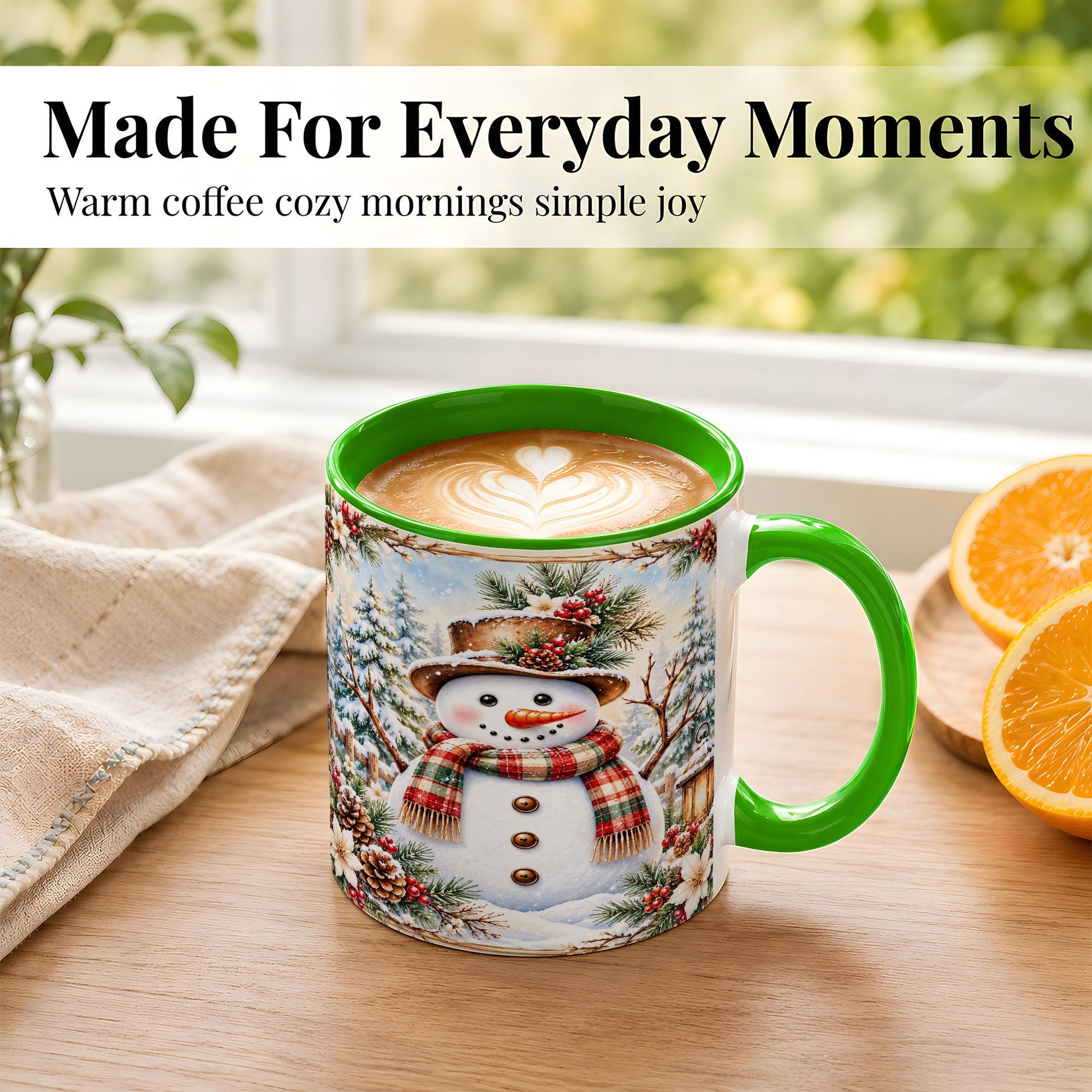 #pl[11oz|Green] Rustic Snowman Coffee Mug, Winter Snowman Mug, Ceramic Cup