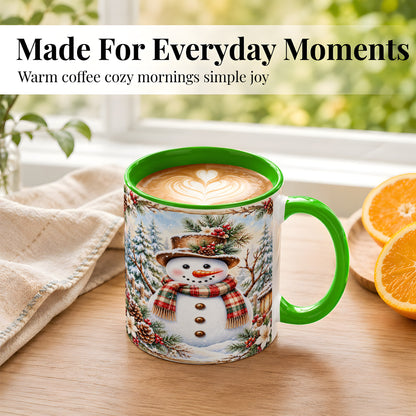 #pl[11oz|Green] Rustic Snowman Coffee Mug, Winter Snowman Mug, Ceramic Cup