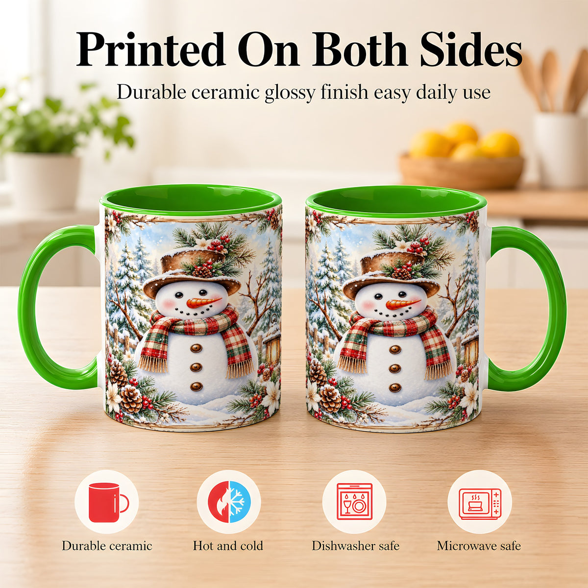 #pl[11oz|Green] Rustic Snowman Coffee Mug, Winter Snowman Mug, Ceramic Cup