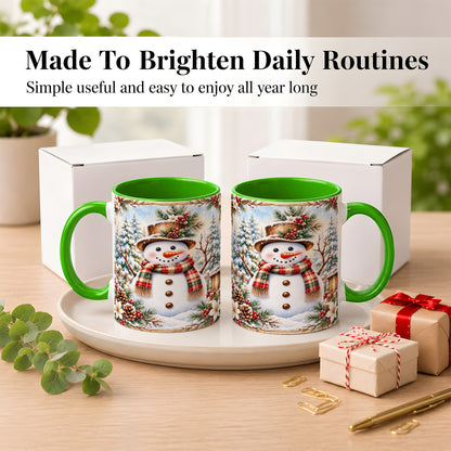 #pl[11oz|Green] Rustic Snowman Coffee Mug, Winter Snowman Mug, Ceramic Cup