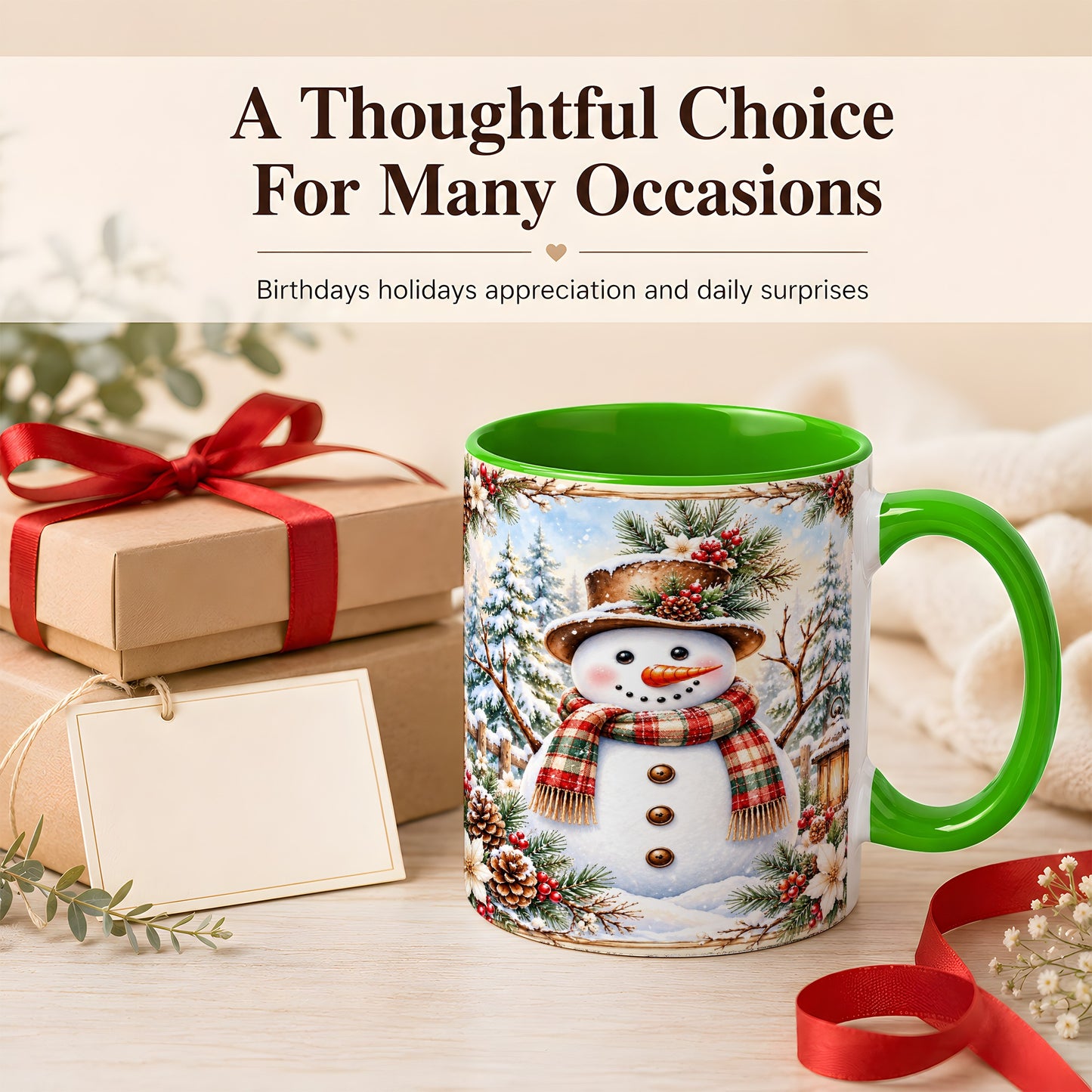 #pl[11oz|Green] Rustic Snowman Coffee Mug, Winter Snowman Mug, Ceramic Cup