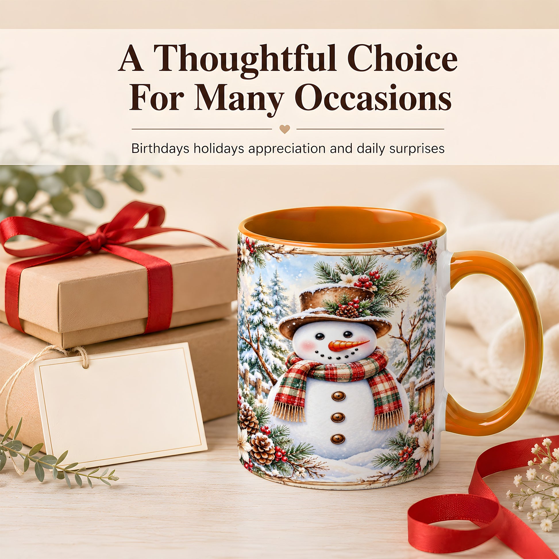 #pl[11oz|Orange] Rustic Snowman Coffee Mug, Winter Snowman Mug, Ceramic Cup