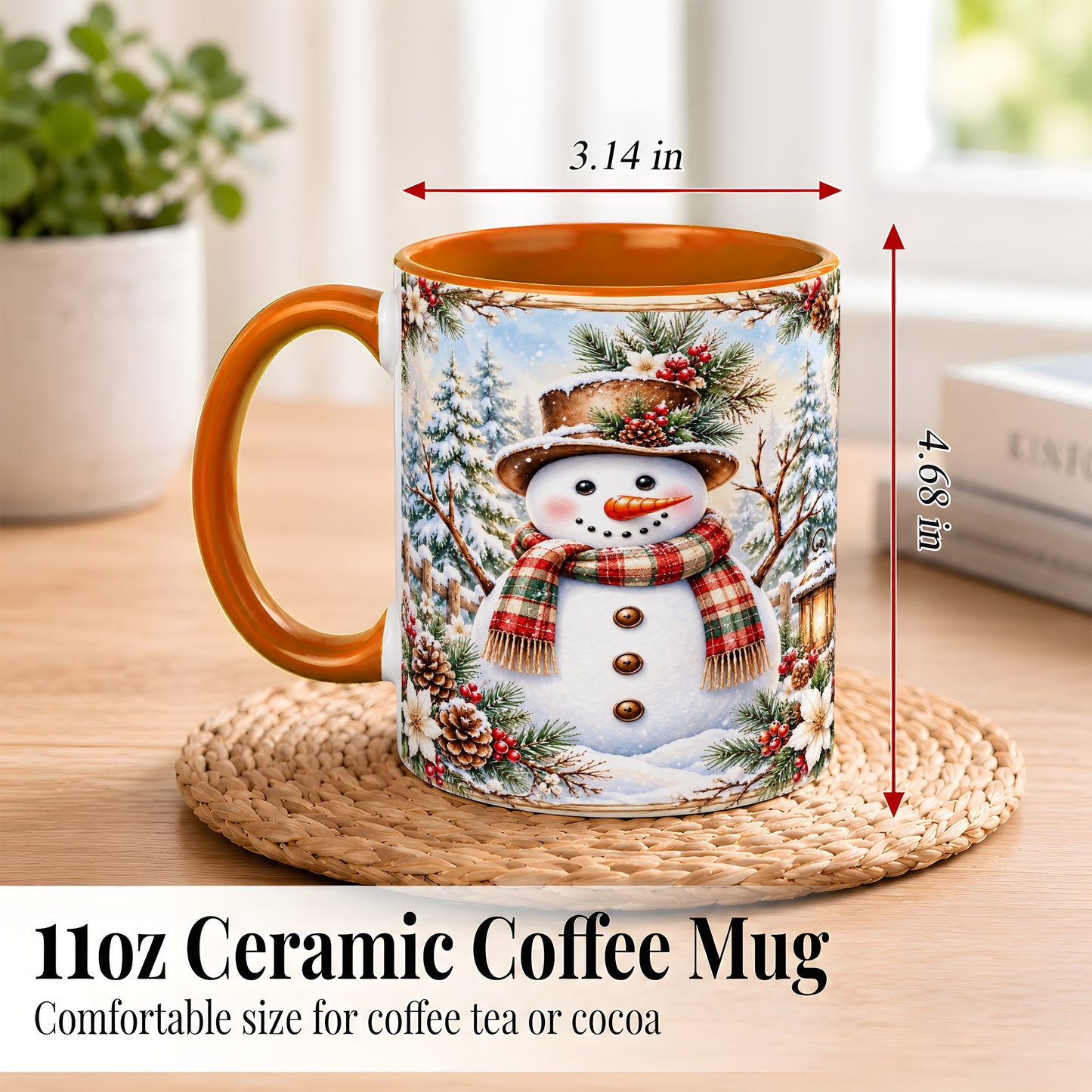 #pl[11oz|Orange] Rustic Snowman Coffee Mug, Winter Snowman Mug, Ceramic Cup