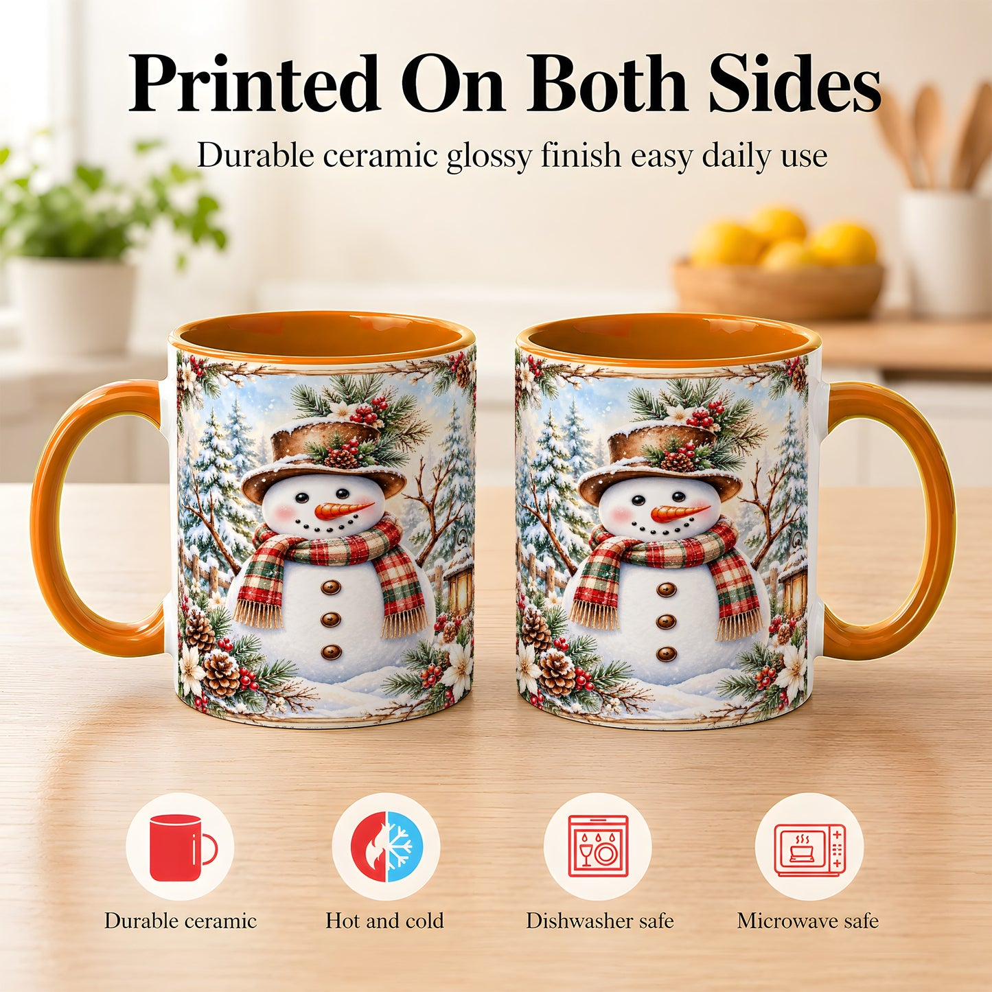 #pl[11oz|Orange] Rustic Snowman Coffee Mug, Winter Snowman Mug, Ceramic Cup