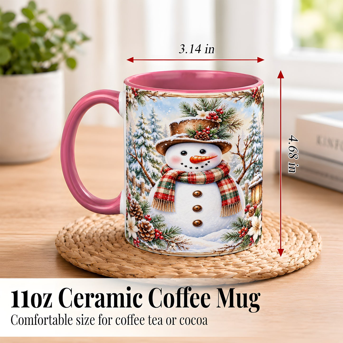 #pl[11oz|Pink] Rustic Snowman Coffee Mug, Winter Snowman Mug, Ceramic Cup