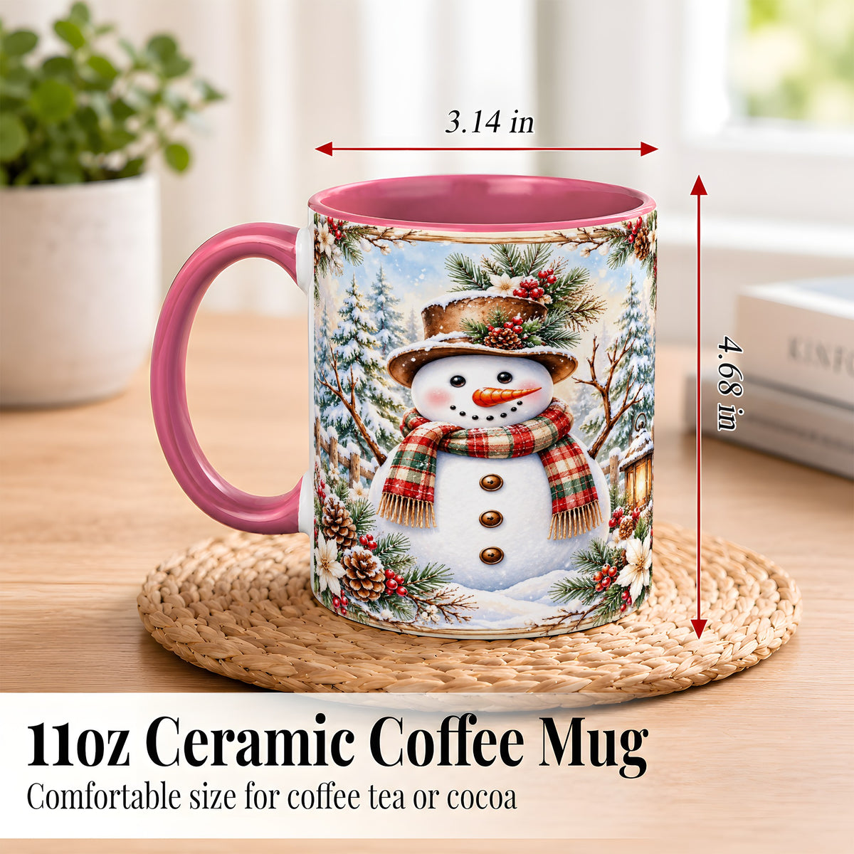 #pl[11oz|Pink] Rustic Snowman Coffee Mug, Winter Snowman Mug, Ceramic Cup