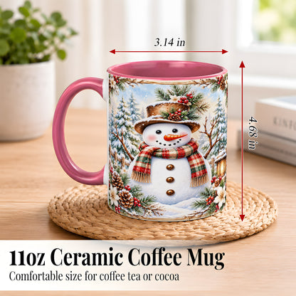 #pl[11oz|Pink] Rustic Snowman Coffee Mug, Winter Snowman Mug, Ceramic Cup