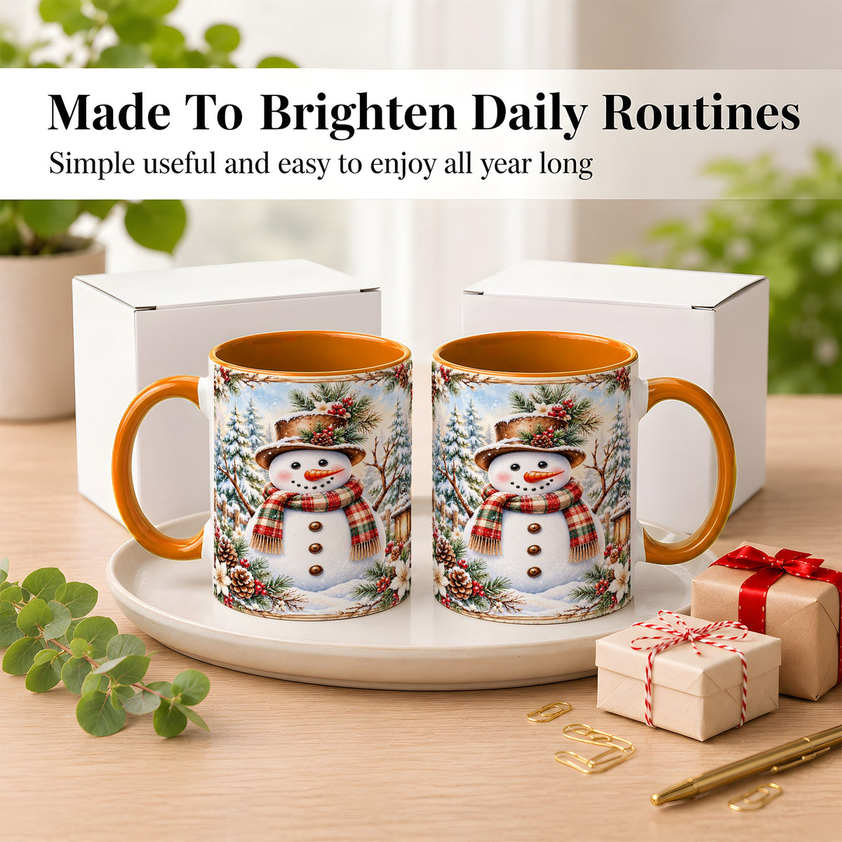 #pl[11oz|Orange] Rustic Snowman Coffee Mug, Winter Snowman Mug, Ceramic Cup