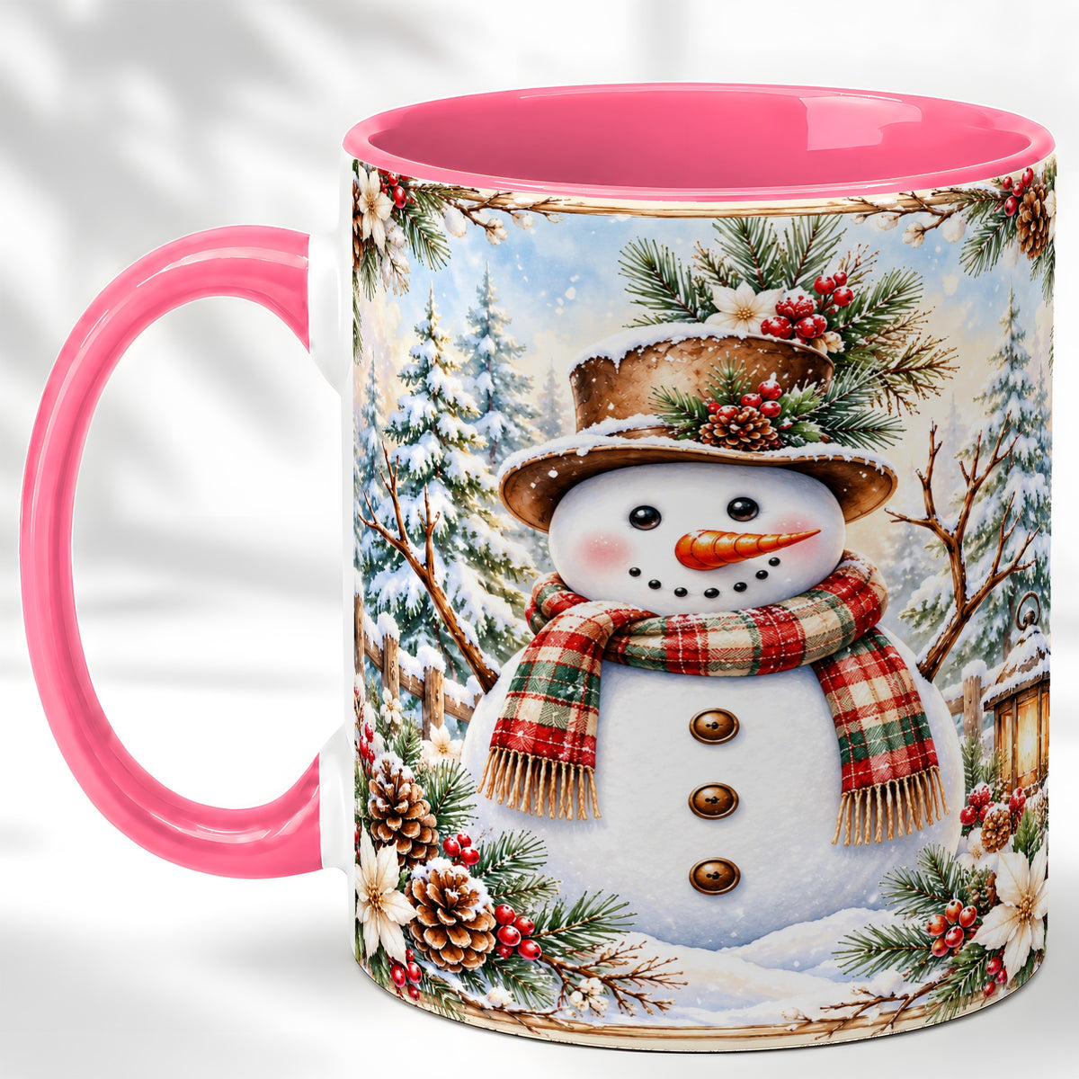 #pl[11oz|Pink] Rustic Snowman Coffee Mug, Winter Snowman Mug, Ceramic Cup