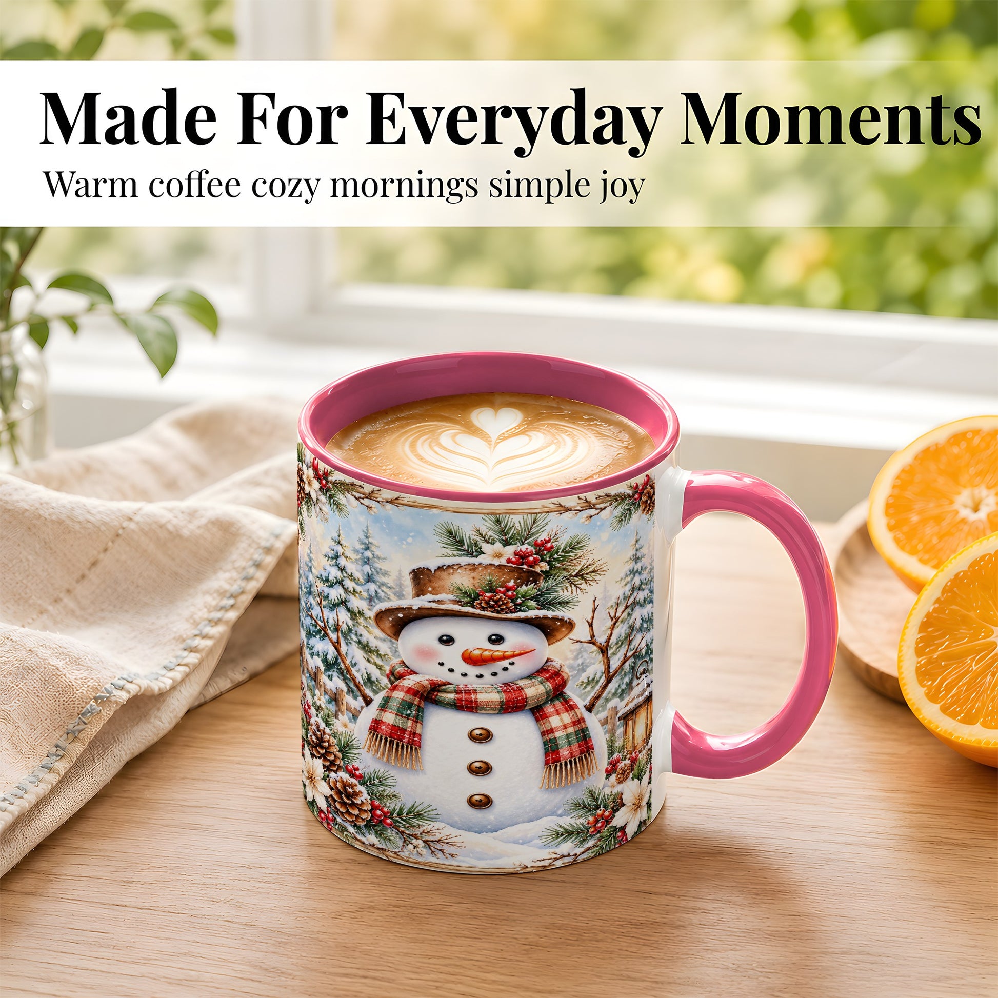 #pl[11oz|Pink] Rustic Snowman Coffee Mug, Winter Snowman Mug, Ceramic Cup