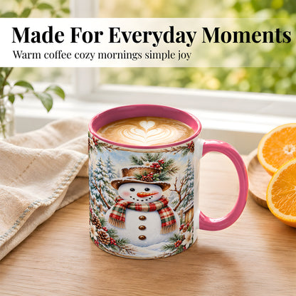 #pl[11oz|Pink] Rustic Snowman Coffee Mug, Winter Snowman Mug, Ceramic Cup