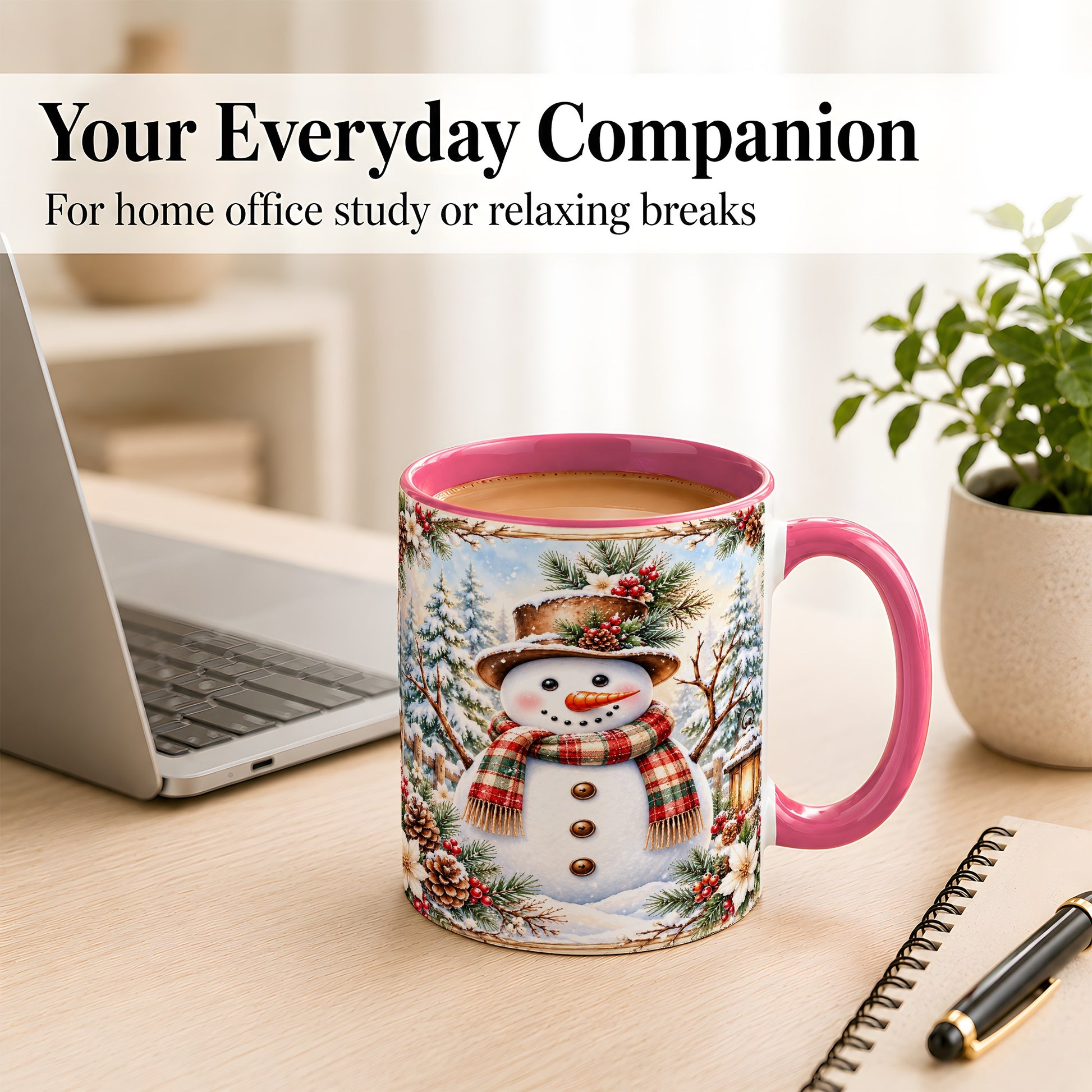 #pl[11oz|Pink] Rustic Snowman Coffee Mug, Winter Snowman Mug, Ceramic Cup