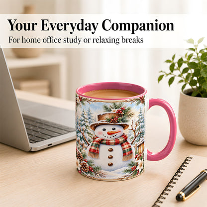 #pl[11oz|Pink] Rustic Snowman Coffee Mug, Winter Snowman Mug, Ceramic Cup