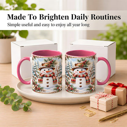 #pl[11oz|Pink] Rustic Snowman Coffee Mug, Winter Snowman Mug, Ceramic Cup