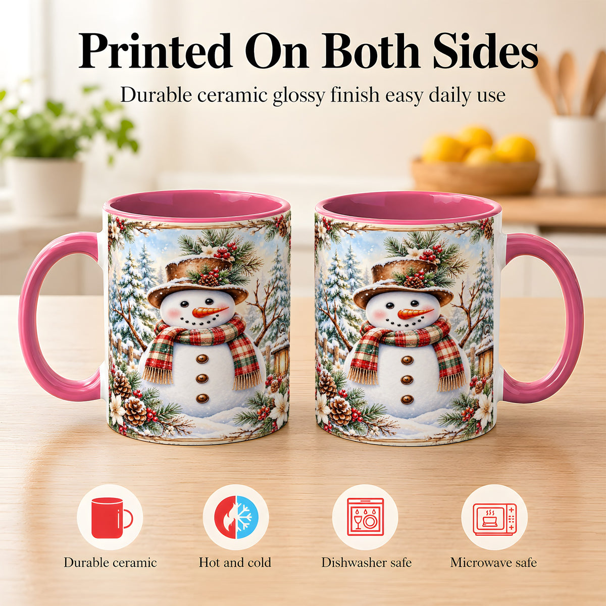#pl[11oz|Pink] Rustic Snowman Coffee Mug, Winter Snowman Mug, Ceramic Cup