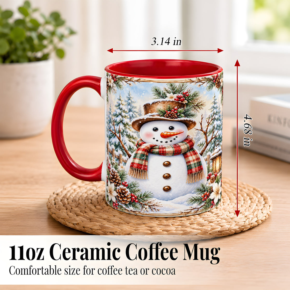 #pl[11oz|Red] Rustic Snowman Coffee Mug, Winter Snowman Mug, Ceramic Cup