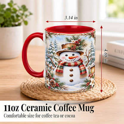 #pl[11oz|Red] Rustic Snowman Coffee Mug, Winter Snowman Mug, Ceramic Cup