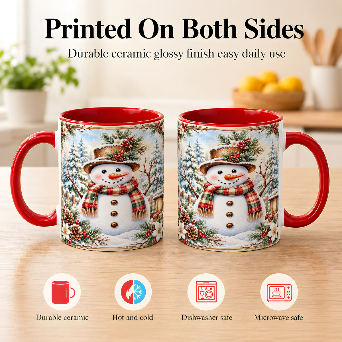 #pl[11oz|Red] Rustic Snowman Coffee Mug, Winter Snowman Mug, Ceramic Cup