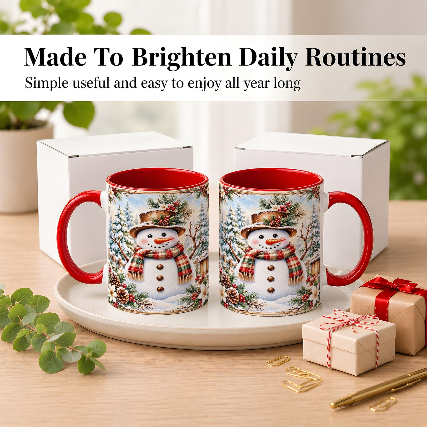 #pl[11oz|Red] Rustic Snowman Coffee Mug, Winter Snowman Mug, Ceramic Cup