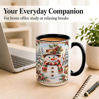 #pl[15oz|Black] Rustic Snowman Coffee Mug, Winter Snowman Mug, Ceramic Cup