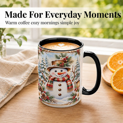 #pl[15oz|Black] Rustic Snowman Coffee Mug, Winter Snowman Mug, Ceramic Cup