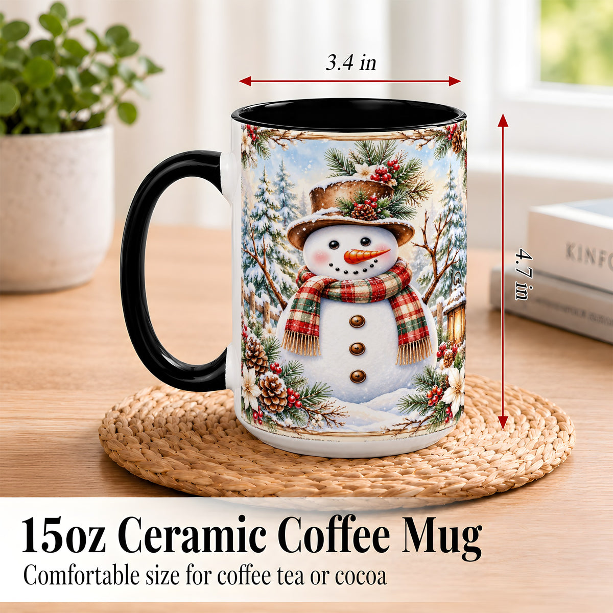 #pl[15oz|Black] Rustic Snowman Coffee Mug, Winter Snowman Mug, Ceramic Cup