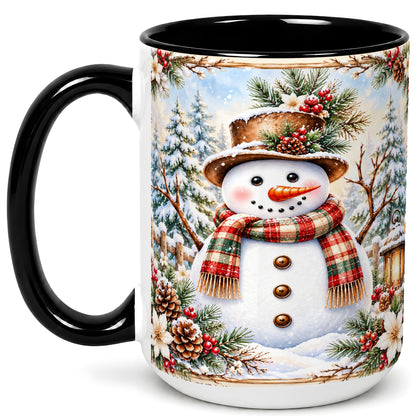 #pl[15oz|Black] Rustic Snowman Coffee Mug, Winter Snowman Mug, Ceramic Cup