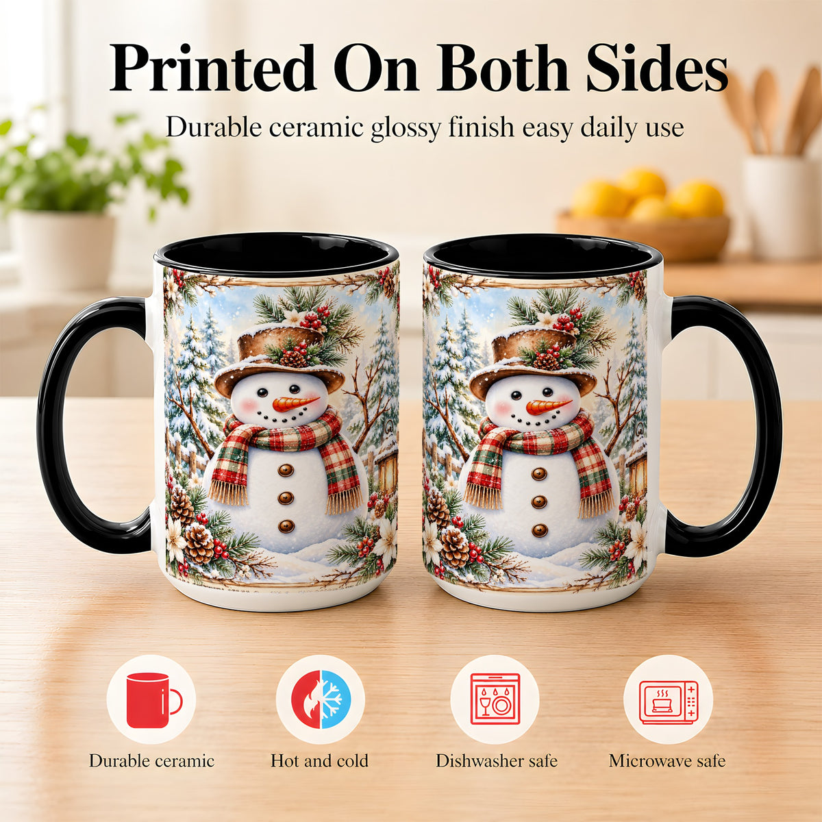 #pl[15oz|Black] Rustic Snowman Coffee Mug, Winter Snowman Mug, Ceramic Cup
