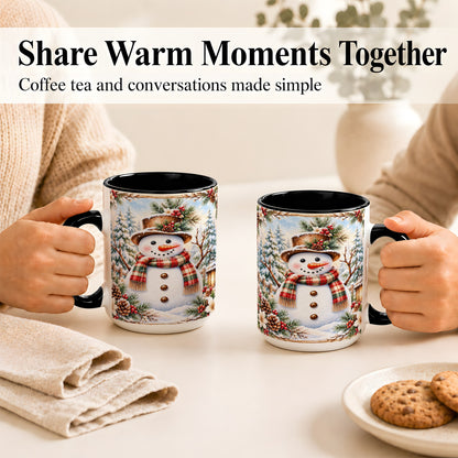 #pl[15oz|Black] Rustic Snowman Coffee Mug, Winter Snowman Mug, Ceramic Cup