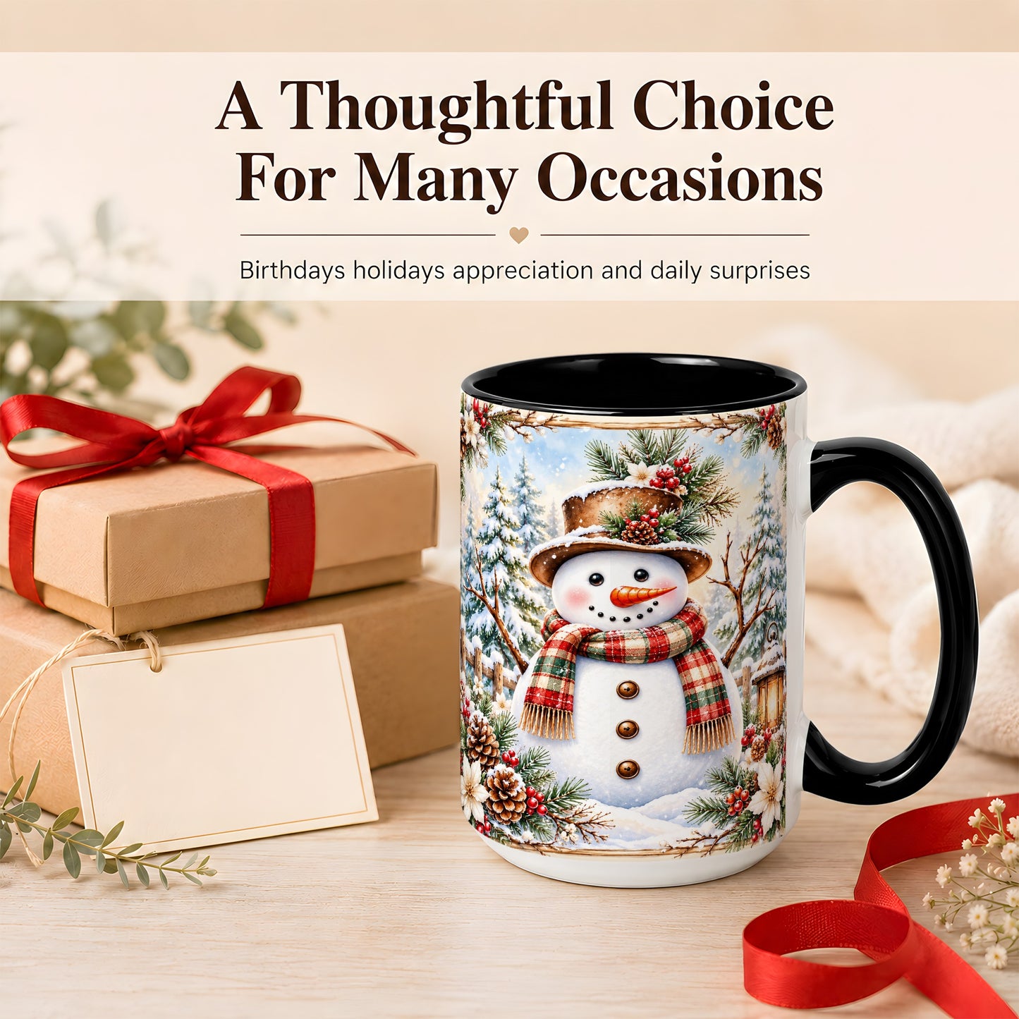 #pl[15oz|Black] Rustic Snowman Coffee Mug, Winter Snowman Mug, Ceramic Cup
