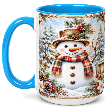 #pl[15oz|Blue] Rustic Snowman Coffee Mug, Winter Snowman Mug, Ceramic Cup