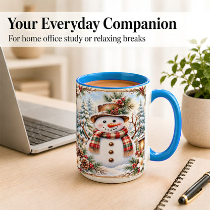 #pl[15oz|Blue] Rustic Snowman Coffee Mug, Winter Snowman Mug, Ceramic Cup