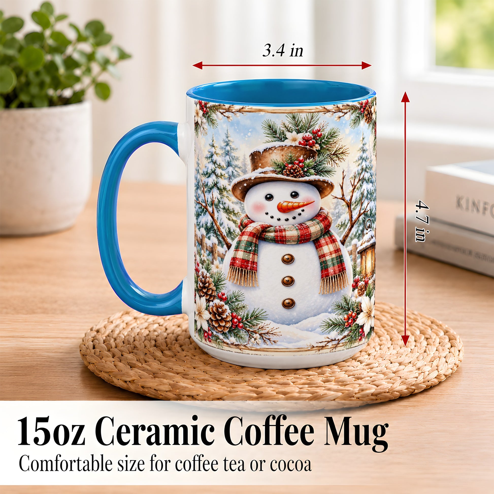 #pl[15oz|Blue] Rustic Snowman Coffee Mug, Winter Snowman Mug, Ceramic Cup