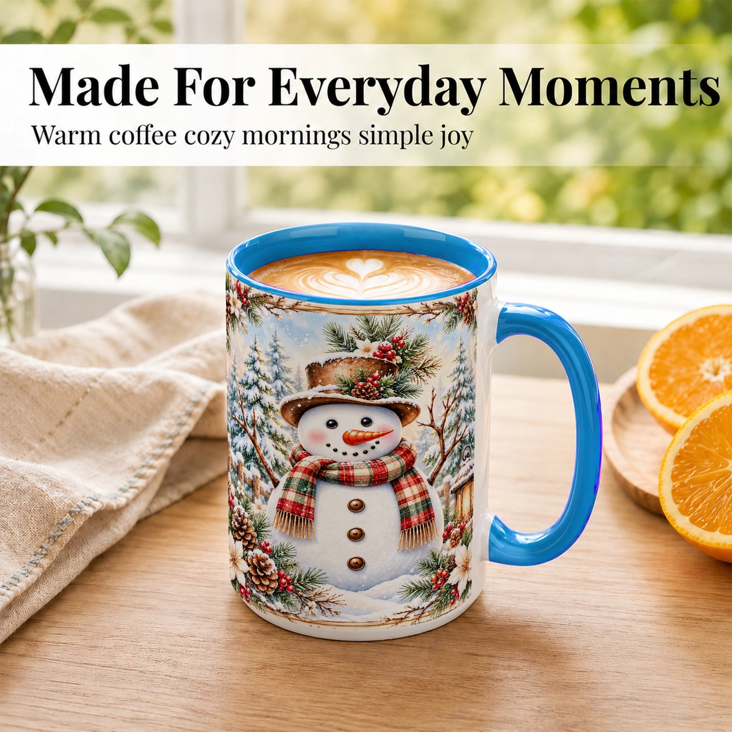 #pl[15oz|Blue] Rustic Snowman Coffee Mug, Winter Snowman Mug, Ceramic Cup