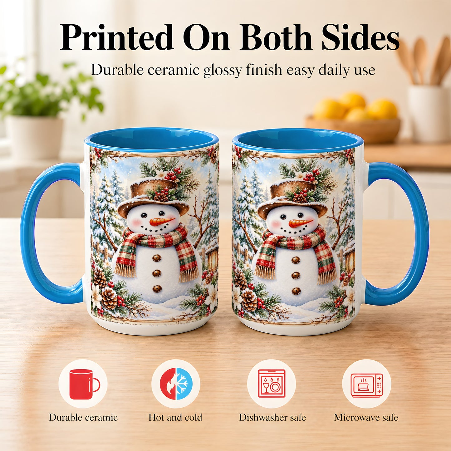 #pl[15oz|Blue] Rustic Snowman Coffee Mug, Winter Snowman Mug, Ceramic Cup