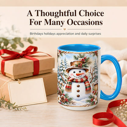 #pl[15oz|Blue] Rustic Snowman Coffee Mug, Winter Snowman Mug, Ceramic Cup