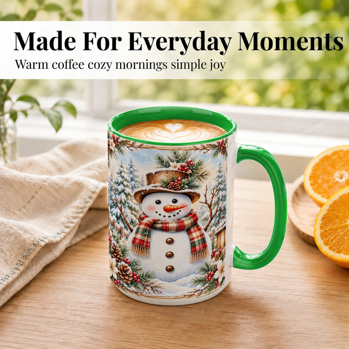 #pl[15oz|Green] Rustic Snowman Coffee Mug, Winter Snowman Mug, Ceramic Cup