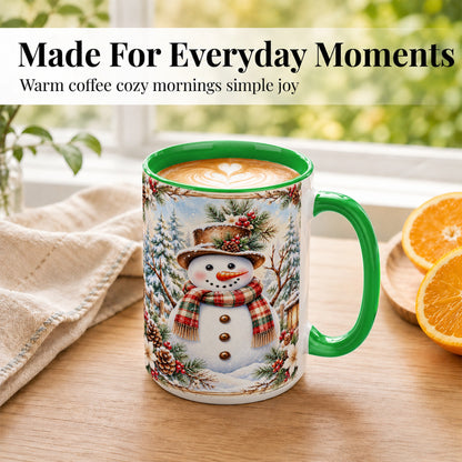 #pl[15oz|Green] Rustic Snowman Coffee Mug, Winter Snowman Mug, Ceramic Cup