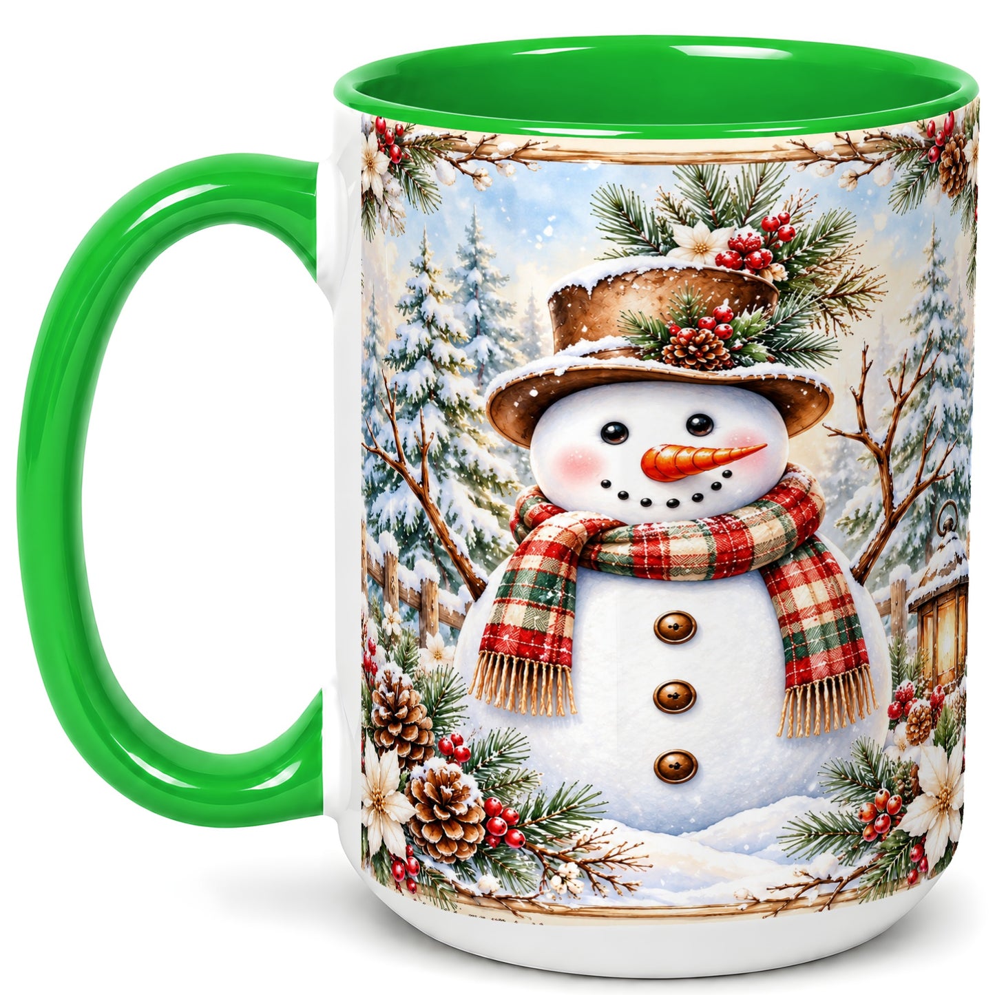 #pl[15oz|Green] Rustic Snowman Coffee Mug, Winter Snowman Mug, Ceramic Cup