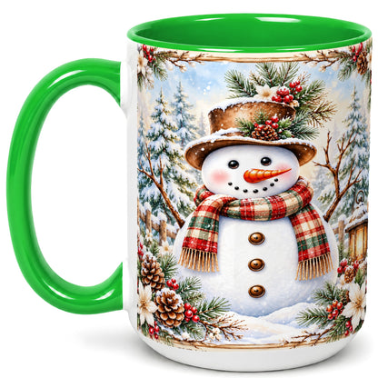 #pl[15oz|Green] Rustic Snowman Coffee Mug, Winter Snowman Mug, Ceramic Cup