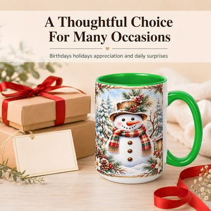 #pl[15oz|Green] Rustic Snowman Coffee Mug, Winter Snowman Mug, Ceramic Cup