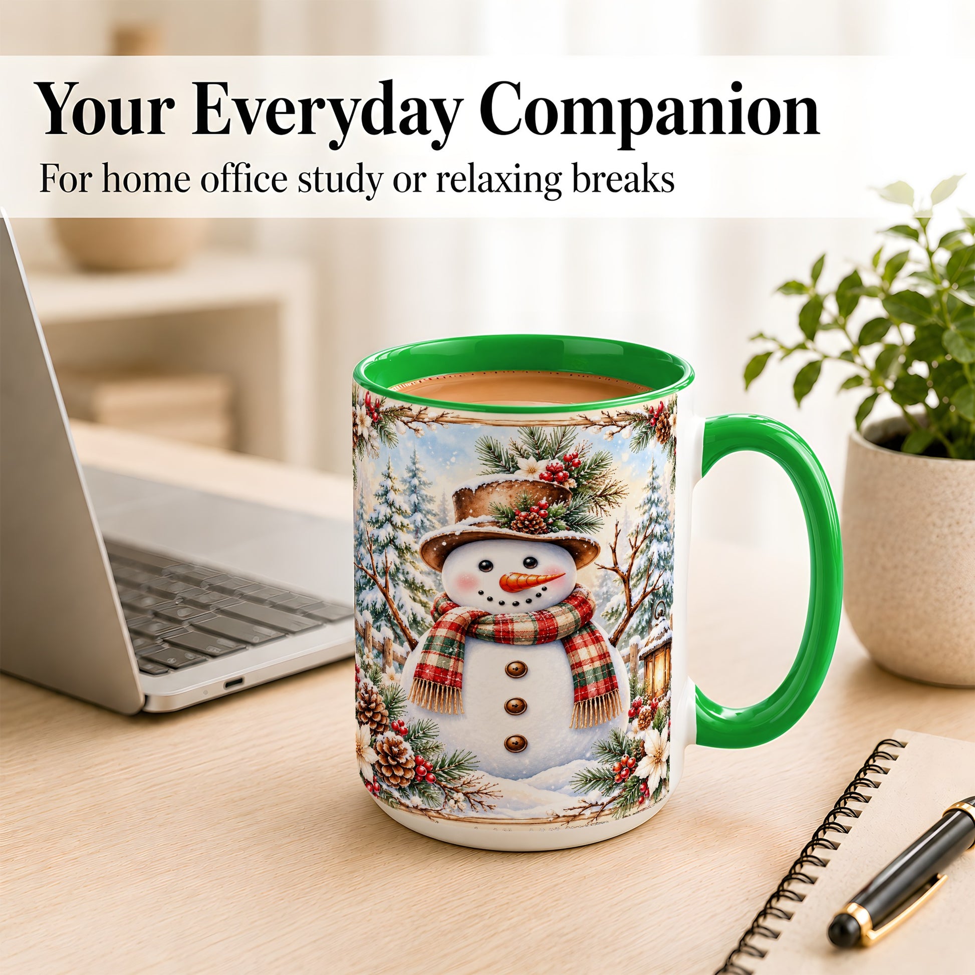 #pl[15oz|Green] Rustic Snowman Coffee Mug, Winter Snowman Mug, Ceramic Cup