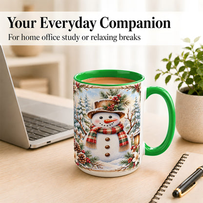 #pl[15oz|Green] Rustic Snowman Coffee Mug, Winter Snowman Mug, Ceramic Cup