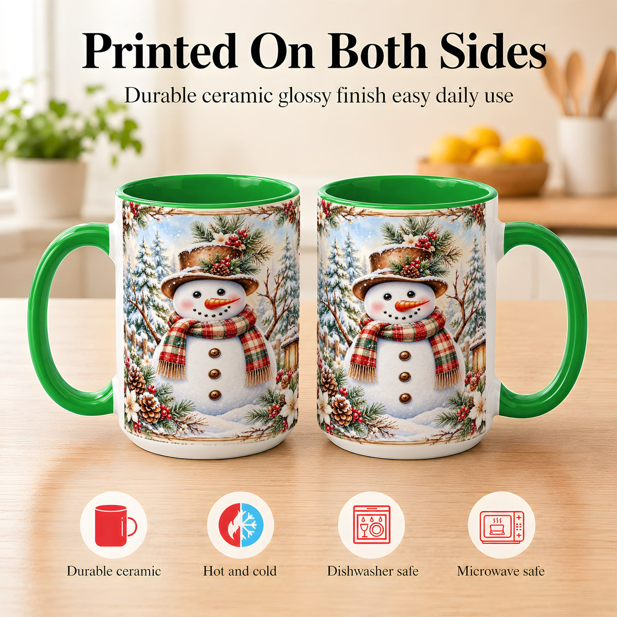 #pl[15oz|Green] Rustic Snowman Coffee Mug, Winter Snowman Mug, Ceramic Cup
